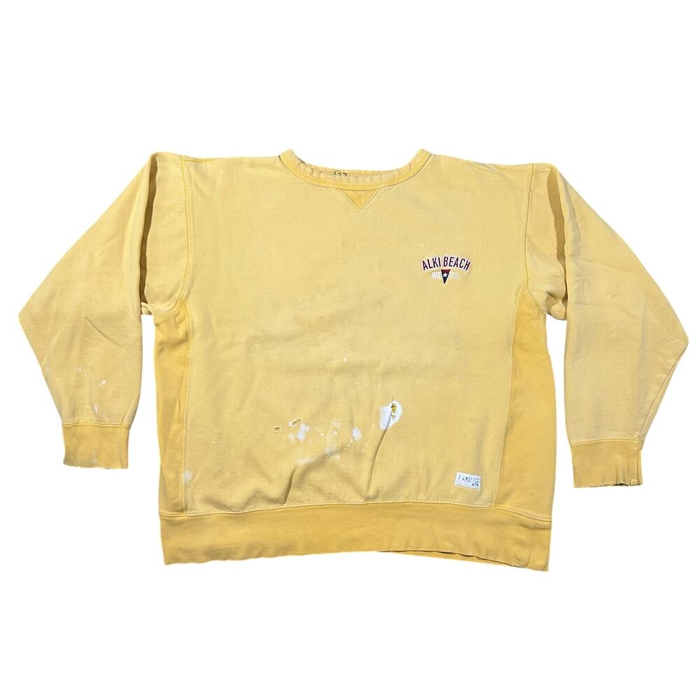 Vintage Alki Beach Sweatshirt Men’s XL Faded Distressed Boxy Fit Pale Yellow